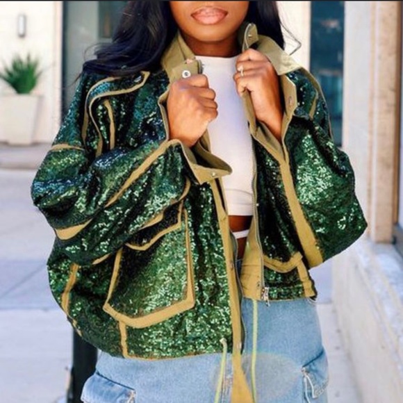 TwoTwinStyle Jackets & Coats Army Green Sequin Utility Jacket